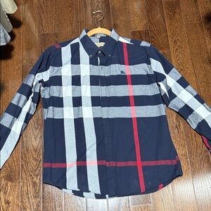 Burberry Navy and Red Plaid Button-Down Shirt